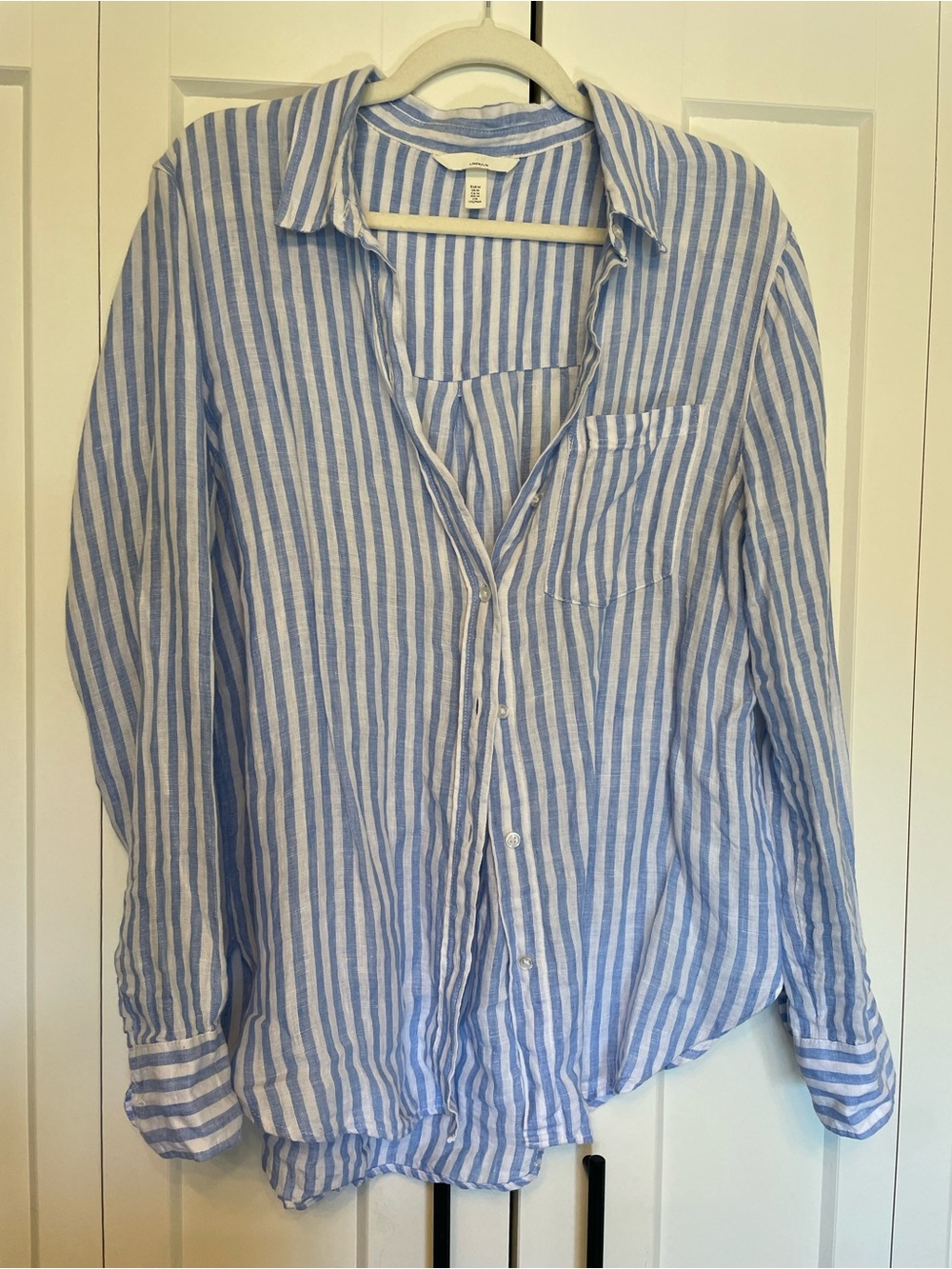 H&M 100% Linen Light Blue and White Striped Button-Down Shirt